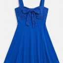 Women's Elegant Royal Blue A-Line Dress with Lace Bodice and Front Bow Detail M 