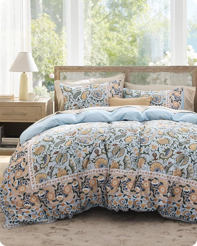 Bedsure Duvet Cover Queen Size - 100% Cotton Reversible Classic Paisley Damask Pattern Duvet Cover Set, 3 Pieces Soft & Breathable PureWoven Bedding Set with 2 Pillow Shams (Blue Paisley 90"x90")