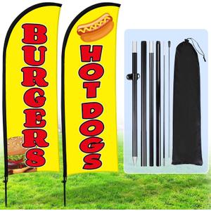 Buryeah 2 Sets Hot Dogs Burgers Feather Flag Banner Kit for Business Advertising 8 ft Swooper Flag with Pole Ground Stake Portable Bag Outside Hot Dog Sign for Restaurant Advertising Business (Yellow)