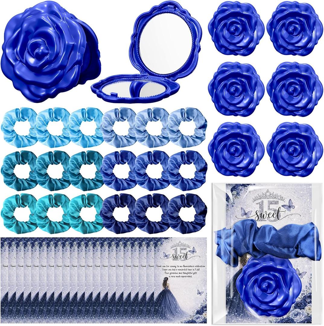 Xuhal 25 Sets Quinceanera Party Favors Sweet 15 Rose Design Compact Pocket Mirrors Hair Ties Elastic Scrunchies Thank You Cards Quinceanera Gift for 15th Birthday Party Favor Guests (Blue)