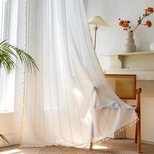 Schweek White Boho Curtains for Bedroom Living Room 84 Inches Long Farmhouse Semi Blackout Curtains 2 Pannels Window Curtain Panel, Bohemian Tassel Curtain Drapes, 55" W x 84" L
