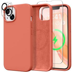 GONEZ Magnetic for iPhone 15 Case [Compatible with Magsafe] [1 Screen Protector + 1 Camera Protector], Anti-Scratch Microfiber Lining Shockproof Protective Silicone Phone Cover 6.1", Pink Pomelo