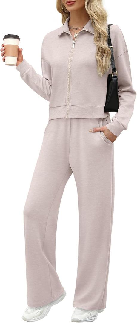 XIEERDUO Lounge Sets for Women 2025 Sweatsuit 2 Piece Outfits Sweatshirt Wide Leg Sweatpant Tracksuit Matching Set (Medium, Apricot)