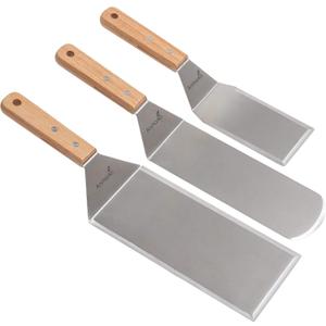 Metal Spatula Set Stainless Steel Hamburger Turner Griddle Flipper Scraper for BBQ Grill Flat Top (Wooden handle set)