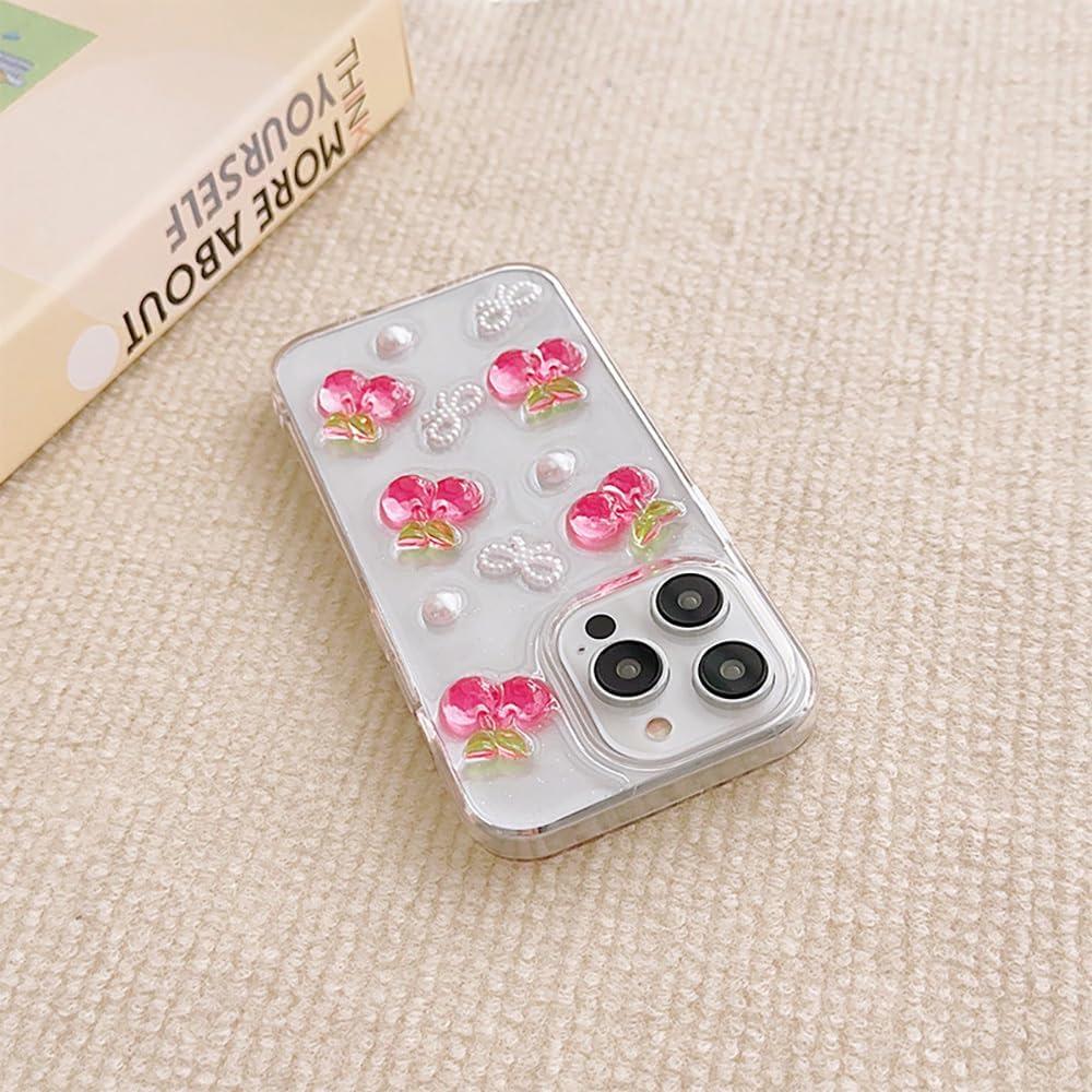 Roemary Cherry Case for iPhone 15,for iPhone 15 with Red Cherry,Floral Design TPU Soft Bumper Protective Cover for iPhone