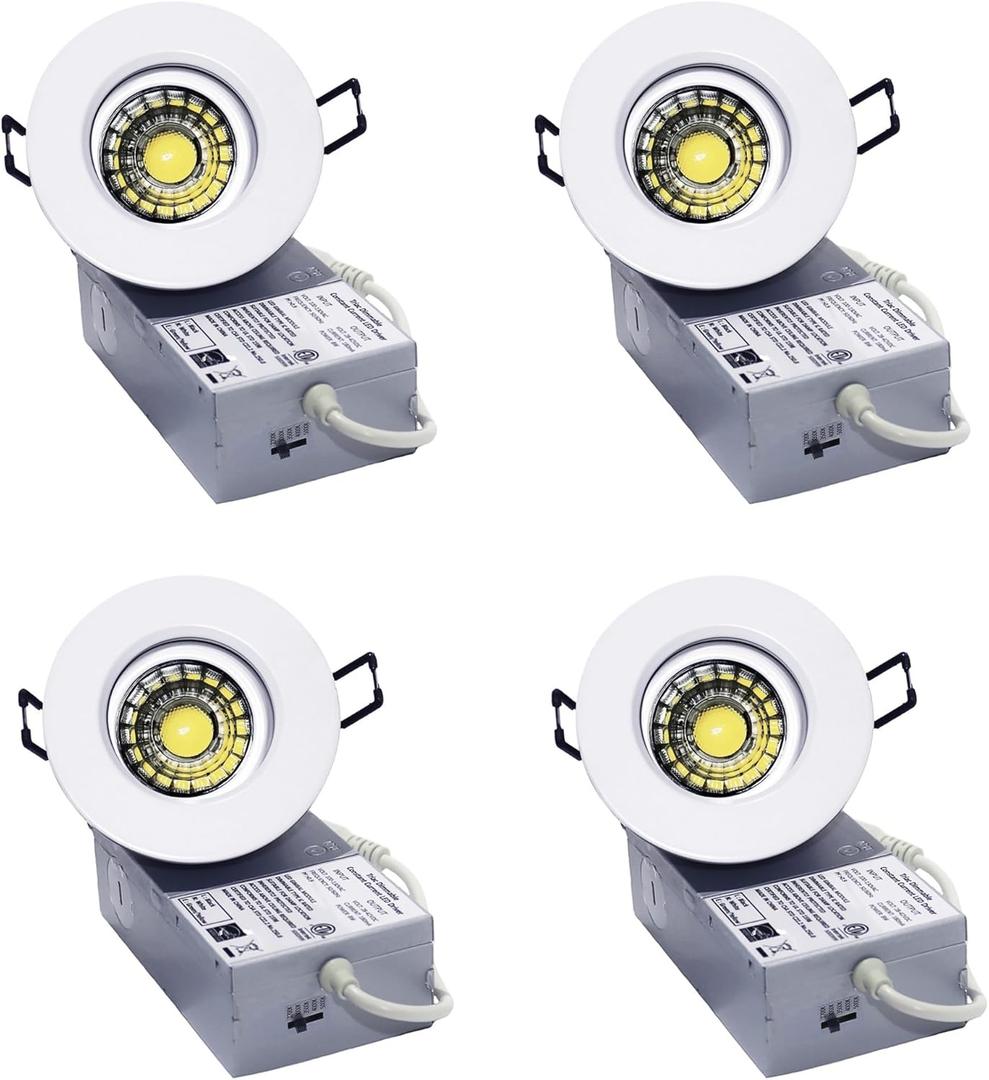 YUURTA 3-Inch 8W Recessed Ceiling 360 Rotation LED Eyeball Gimbal Downlight (Pot Light) 120V Dimmable ETL Listed IC Rated Color Selectable: 2700K/3000K/3500K/4000K/5000K (White, 4-Pack)