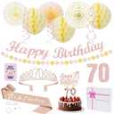 70th Birthday Decorations Set for Women - Queen Crown, Sash, Card, Cake Topper & Candles, Rose Gold Happy Banner with Paper Honeycomb, Poms Fan, Streamers, Gift Kit70 & Fabulous Birthday Celebration