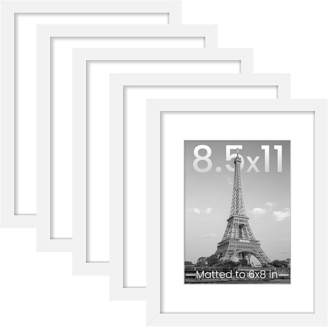 upsimples 8.5x11 Picture Frame Set of 5, Display Pictures 6x8 with Mat or 8.5 by 11 Without, Wall Gallery Photo Frames, White
