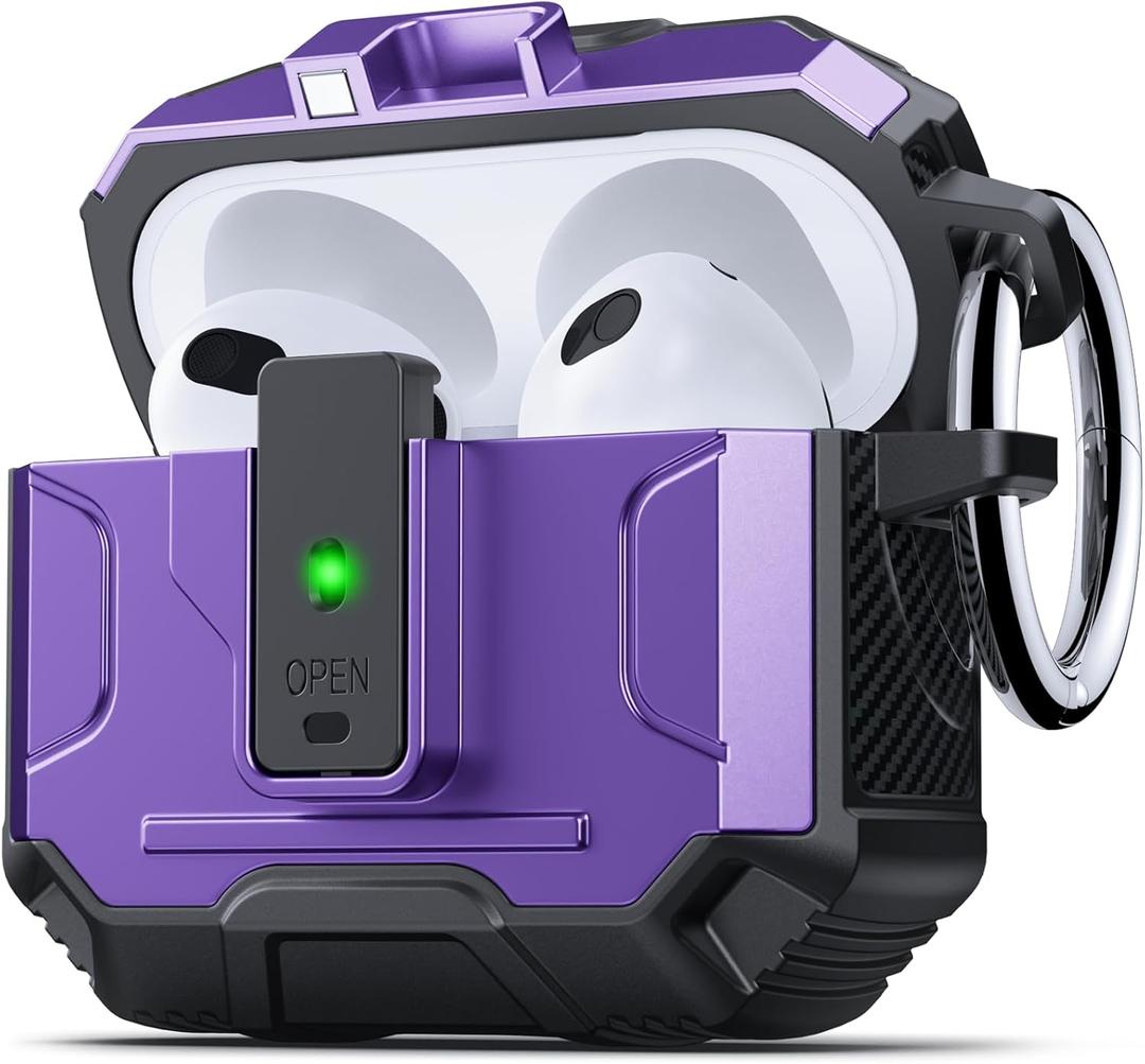 DASFOND Armor Cover AirPods 3 Generation Case, Military Grade Full Body Shockproof Protection Hard Case, Support Wireless Charging with Keychain, Magnetic Lid, Front LED Visible, Purple