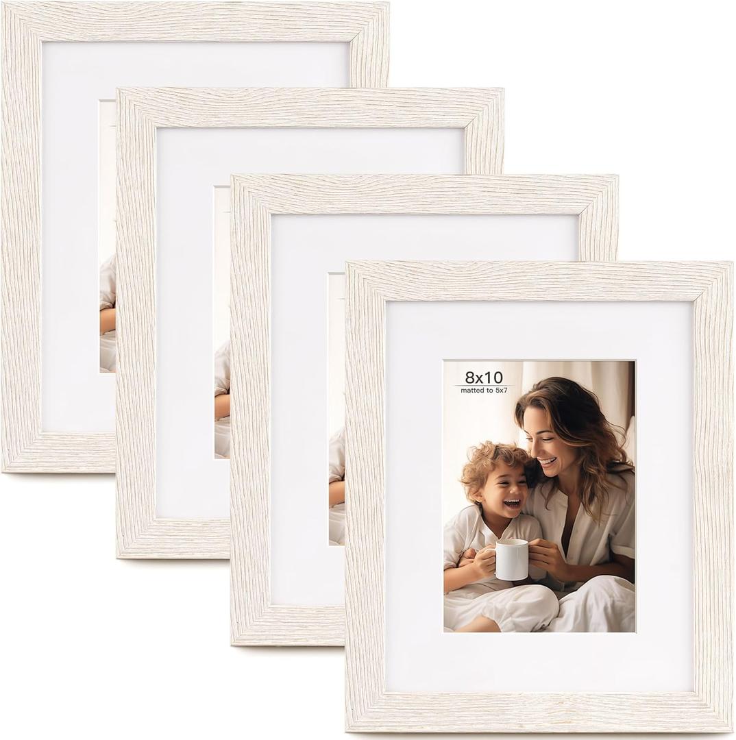 8x10 Picture Frame with Mat for 5x7, Set of 4 Distressed White 8 x 10 Frames Display on Tabletop or Wall Mounting (4 Pack,White)