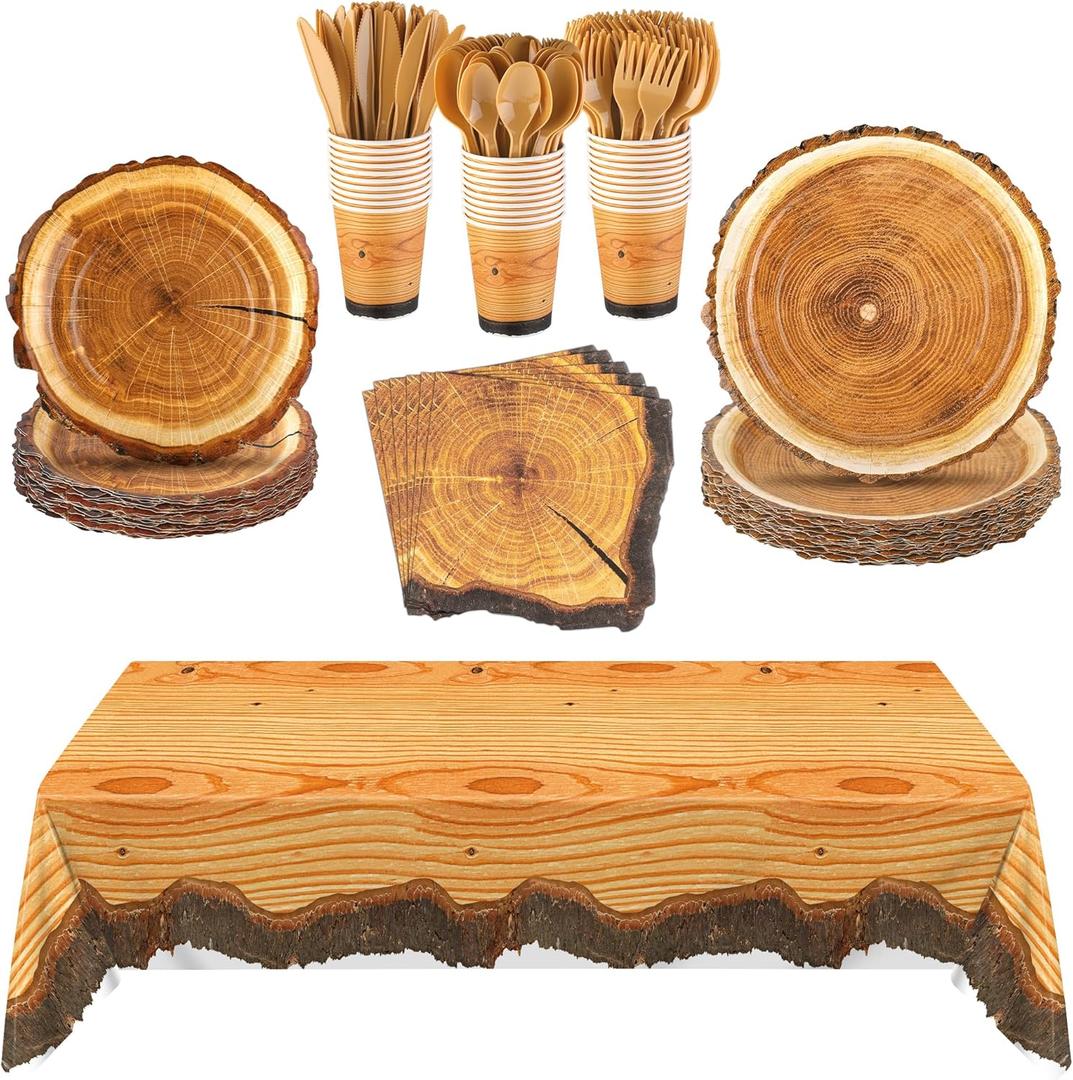 Kochorie 129 Pieces Rustic Wood Slice Paper Party Supplies for 16 Guests Disposable Plates Cups Napkins Utensils Wood Grain Plastic Tablecloth for Fall Birthday Autumn Camping Party Decorations