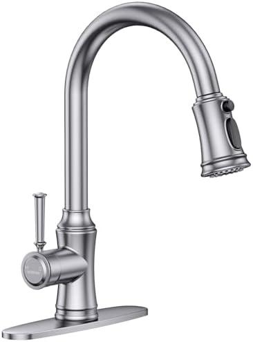 Kitchen Faucet with Pull Down Sprayer, Single Handle High Arc Utility Sink Faucet with Deck Suitable for bar for Kitchen Sink, Laundry Sink, Wet Bar or RV, Brushed Nickel