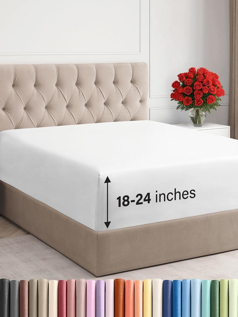 Extra Deep Twin XL Fitted Sheet - Hotel Luxury Single Fitted Sheet Only - Easily Fits 18 inch to 24 inch Mattress - Ultra Soft, Wrinkle & Fade Free w/Extra Deep Pockets - Breathable & Comfy - White