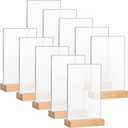 Maitys 10 Pack Acrylic Sign Holder 4 x 6.5 Inch Clear Double Sided Table Sign with Wooden Base T Shape Menu Display Stand for Wedding Restaurant Office Hotel Front Desk Store Tabletop