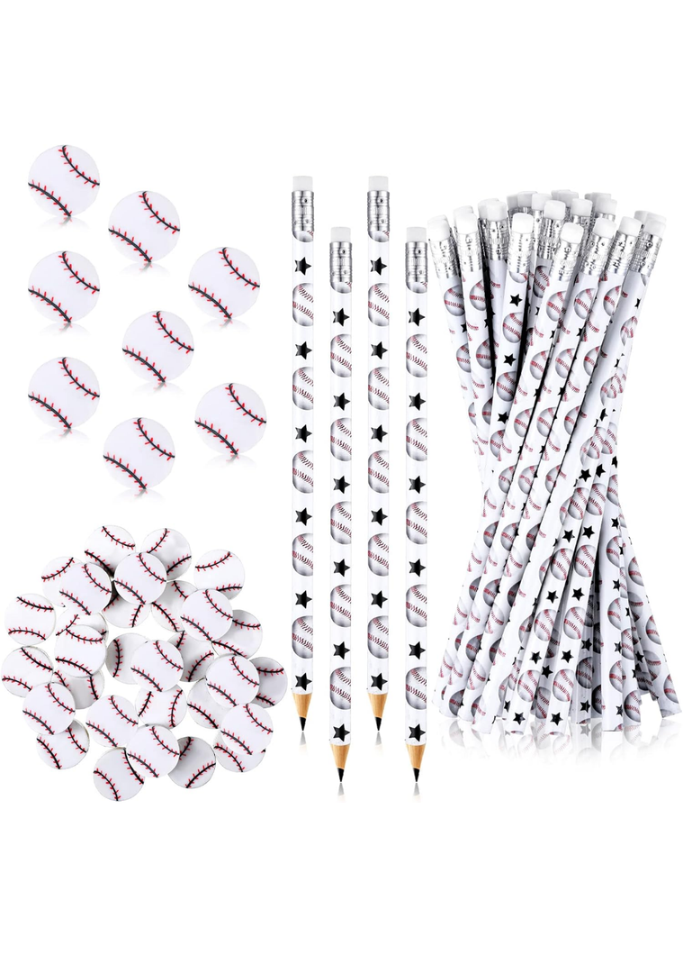 Tinlade 72 Pcs Sports Pencils and Erasers for Kids Fun Wooden Pencils for Kids Boys Sports Themed Birthday Party Favors Students Stationery Party School Office Supplies(Baseball)