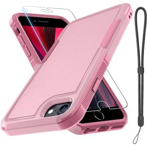 Case for iPhone 8/7/SE 2022 2020, with Screen Protector,Military Grade Heavy Duty Shockproof Phone Cover with Wrist Lanyard Strap for iPhone 8/7/SE 2nd 3rd 4.7 inch,Cute Pink