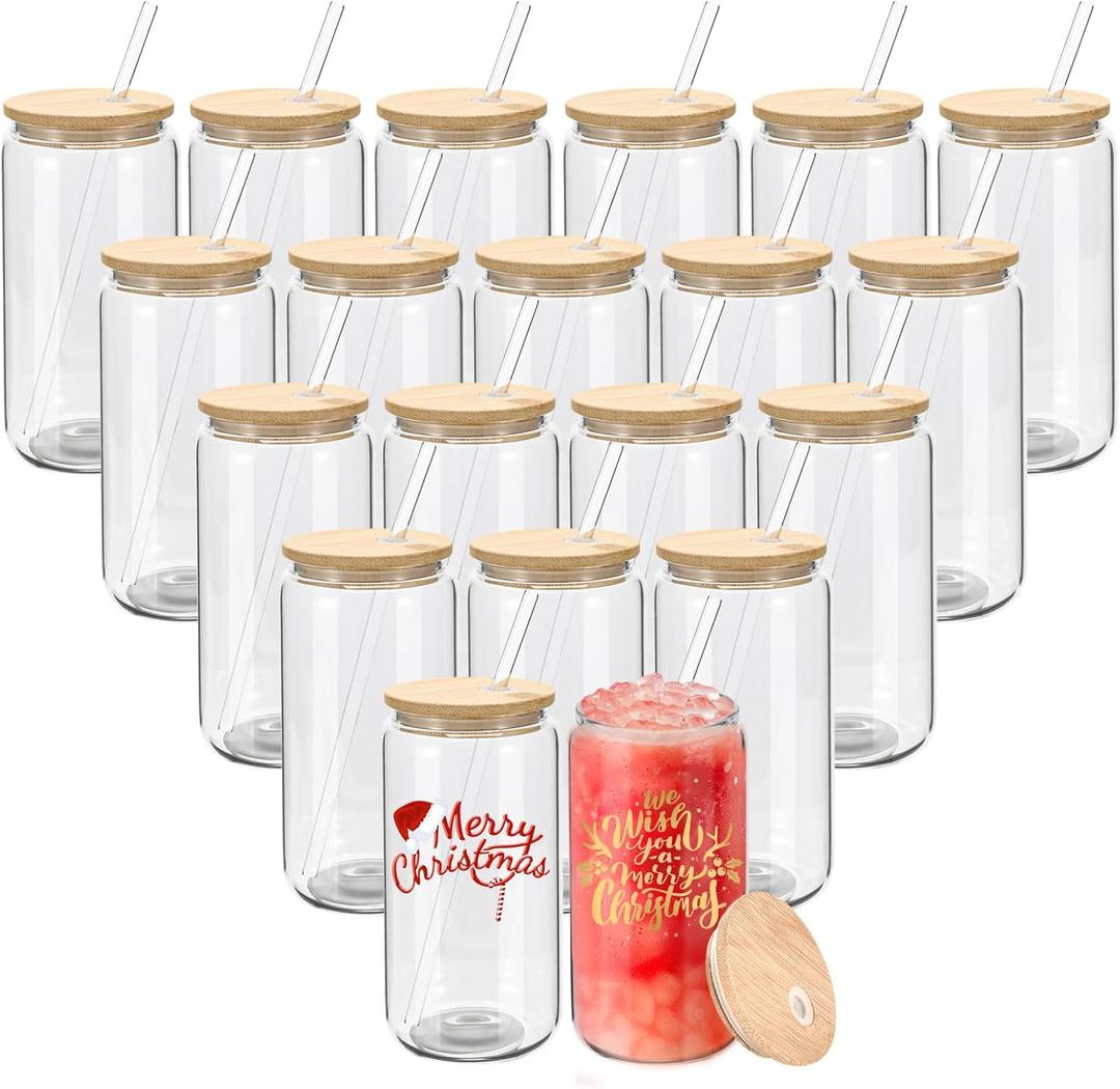 20 Pack Sublimation Glass Cans Transparent Sublimation Beer Glass Can Shaped with Bamboo Lids Borosilicate Glasses Tumbler Mason Jar Cups Mug with Straw for Beer, Juice, Soda, Iced Coffee, Drinks 16oz