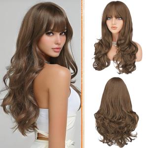 Haloo Brown Wigs with Bangs Long Wavy Layered Haircut Natural Looking Fluffy Synthetic Heat Resistant Hair Wig for Women Daily Party, 24 Inch Golden Brown