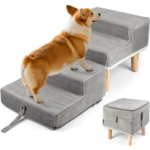 Hdnbsp Split Ottoman Dog Ramp, 4-Step Dog Stairs for Bed, Foldable Pet Steps for Small, Medium, Senior Dogs & Old Cats - Couch Height, Anti-Slip, Washable Cover, Storage Pocket, 135lb Capacity