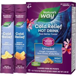 Nature's Way Cold Relief Hot Drink, Umcka, Homeopathic, Clinically Proven Pelargonium Sidoides 1X, for Cough, Congestion, Sore Throat, Stuffy Nose, Day & Night Formula, 12 Packets (Packaging May Vary)