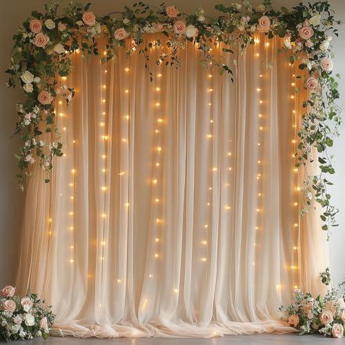 EaziCozi Champagne Tulle Backdrop Curtain with Lights String - 10x10ft Sheer Backdrop with 300 LEDs for Wedding, Baby Shower, Bridal Shower, Birthday Party Photo Shoot Background and Home Decorations