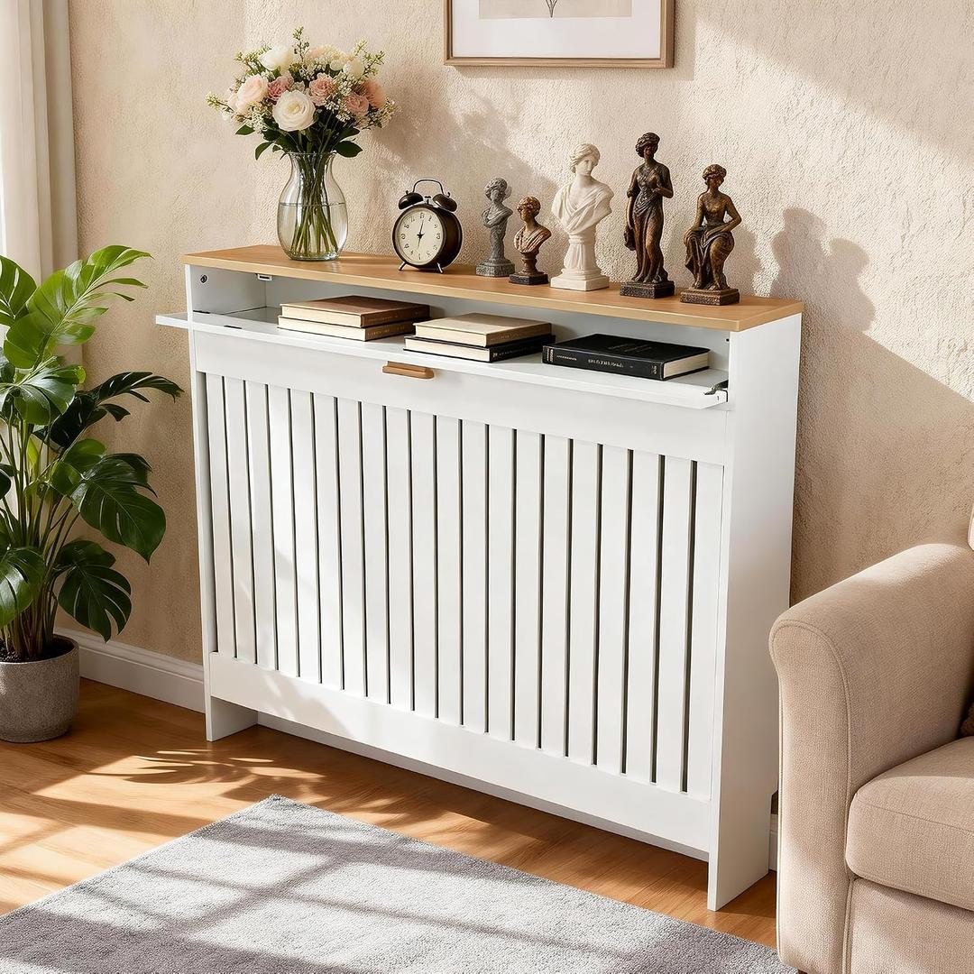 Deep Tall Radiator Cover Cabinet: External 37.6inch Height Heater Covers with Natural Wood Texture Top - Thickened MDF Radiator Shelf with Simple Pull-out Drawer (Vertical-M 44.09x37.6x7.48in)