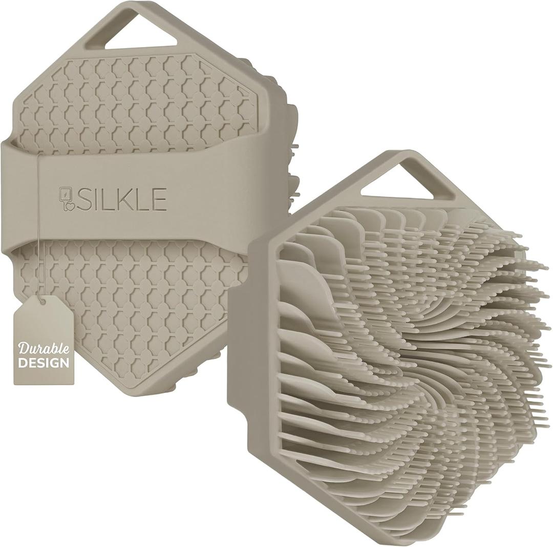 SILKLE Silicone Body Scrubber  Gentle Exfoliating Shower Scrubber for Body & Bath, Silicone Shower Brush & Loofah Alternative  Non-Slip Silicone Body Brush, Quick Dry, Hygienic - Clay