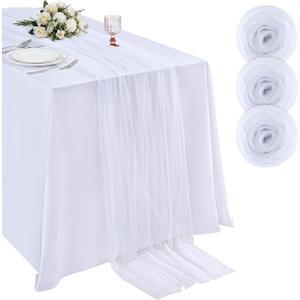 White Gauze Table Runner Tulle Fabric 10ft 120 Inch Seasonal Sheer Kitchen Dining Centerpieces Wedding Birthday Holiday Baby Shower Table Decor for Home Party, 3PCS