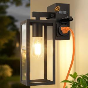 Outdoor Wall Light with GFCI Outlet, Dusk to Dawn Porch Light with Clear Glass and E26 Socket, Waterproof Anti-Rust Aluminum Exterior Lighting, Black Outside Lights for Patio, Front Door, Garage
