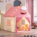 Pink Kids Play Tent with Mat, Cloud and Ball Lights Large Playhouse for Children and Girls Princess Castle Tent for Bed- Indoor & Outdoor Camping Tent(Cloth Door & Metal Rack)