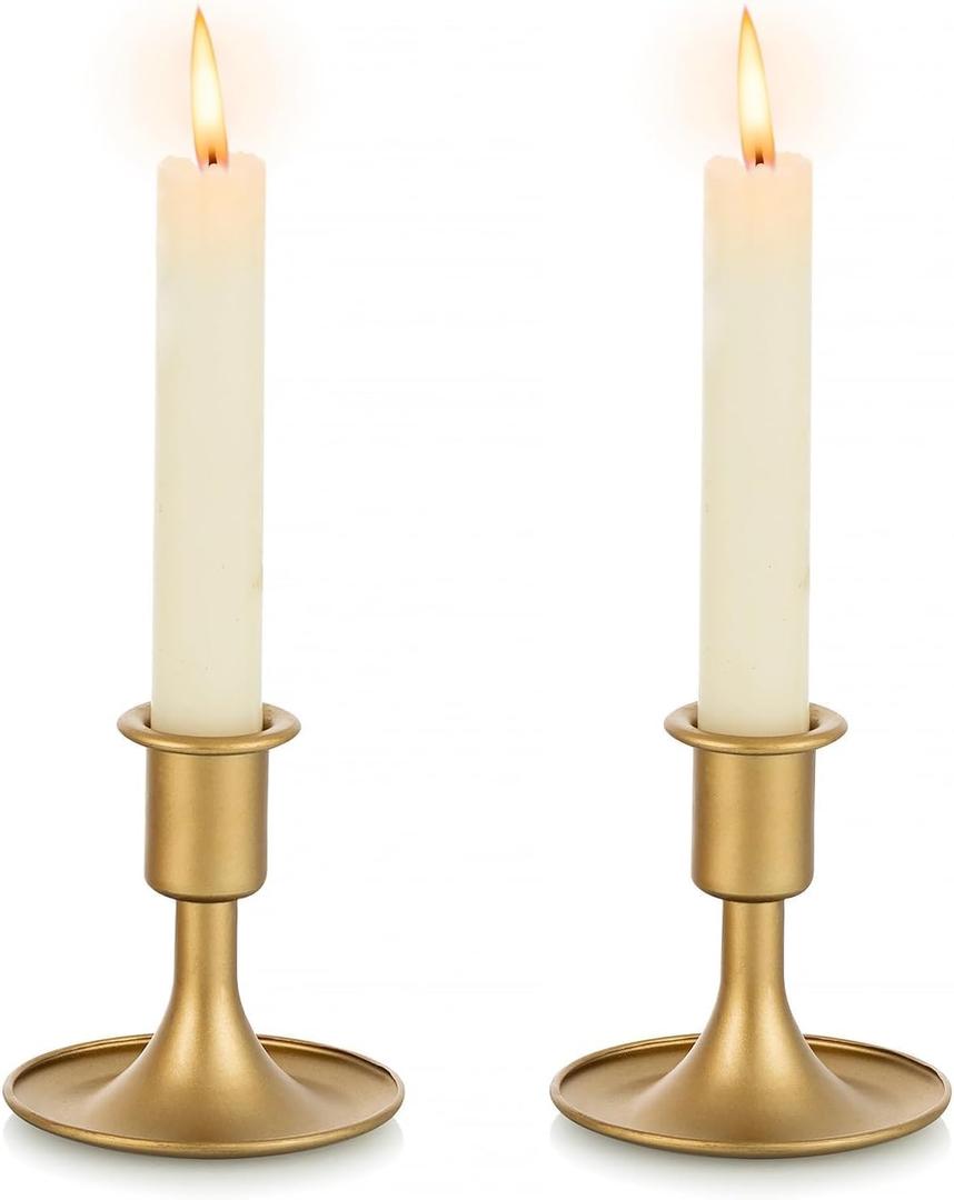 Gold Taper Candle Holder Set of 2, Hewory Short Skinny Brass Candlestick Holders, Vintage Small Low Metal Candles Sticks for Wedding Centerpieces Christmas Birthday Party Holiday Dinning Table Decor