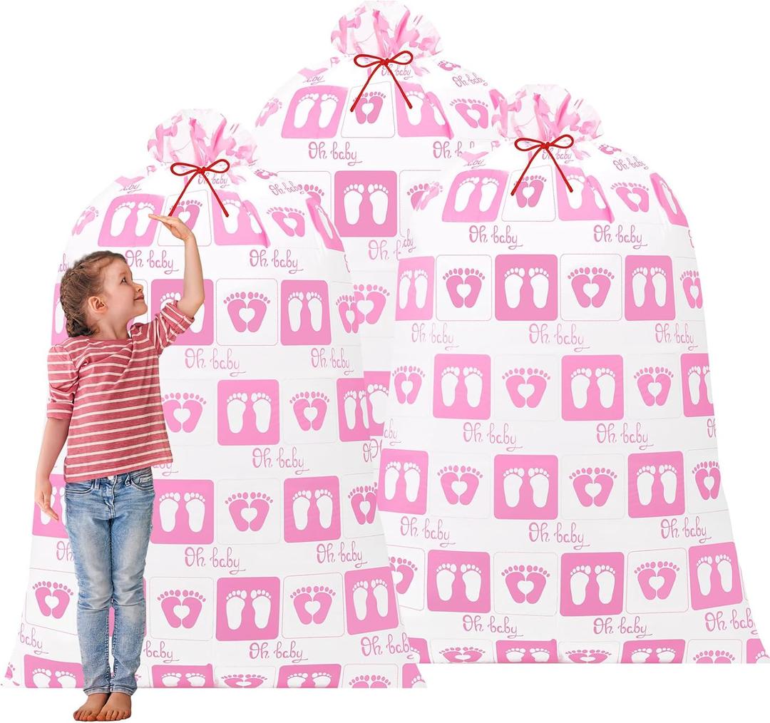 Zonon 3 Pcs Extra Large Baby Shower Bags Gift Jumbo Large Gift Bag Storage Oversized Plastic Gender Reveal Storage Wrap for Birthday Holiday Party Favors, 56" x 36"(Pink Footprint)