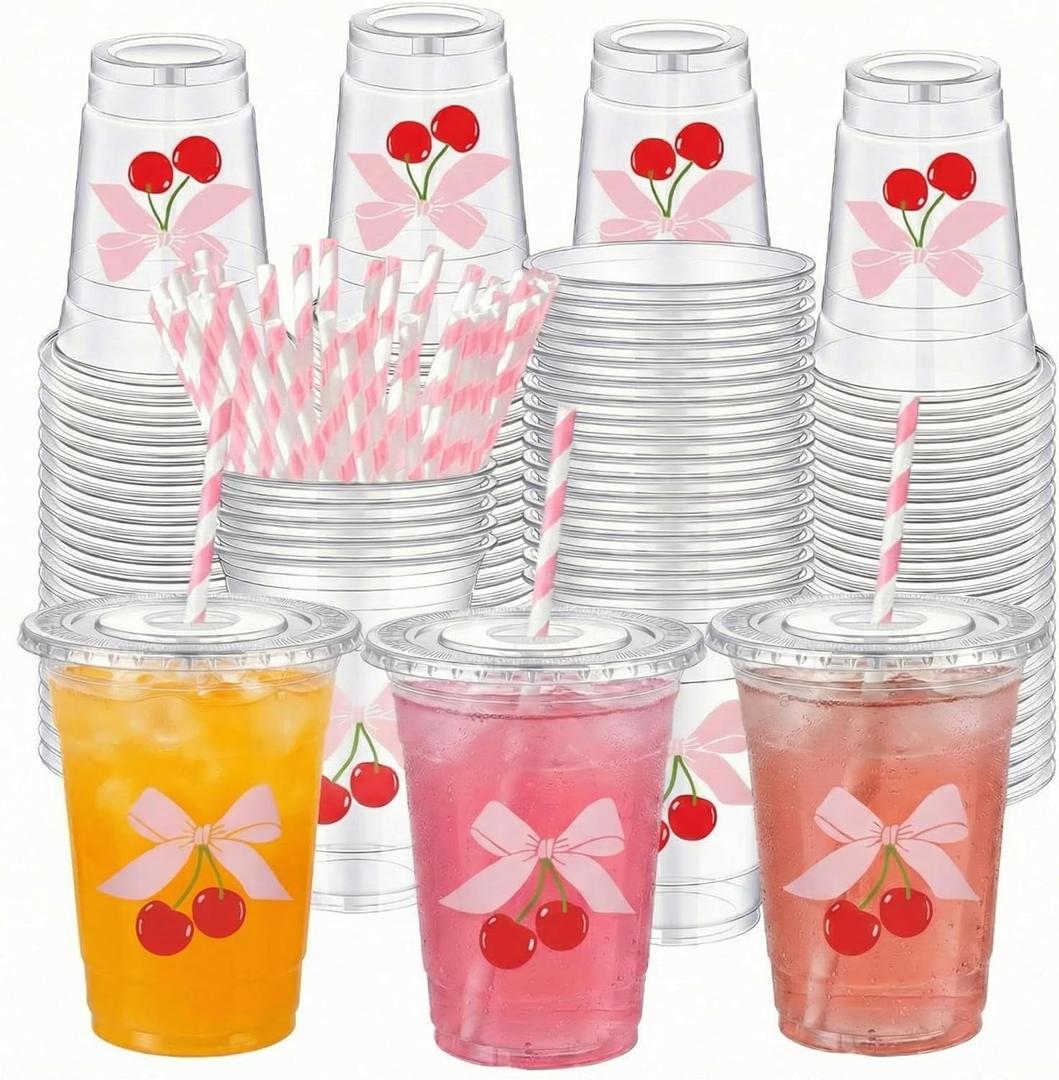 Sliner 50 Pcs 16 oz Coquette Disposable Plastic Cups with Straw for Party Supplies Bow Cups Birthday Wedding Bridal Engagement Party Drinkware Baby Shower Decoration (Cherry Bow)