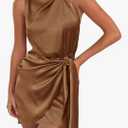 ZESICA Women's 2023 Fashion Satin Sleeveless Halter Neck Tie Waist Wrap Bodycon Cocktail Party Mini Dress, L