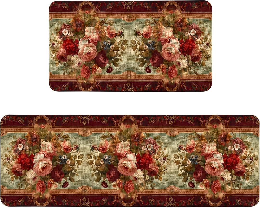 Retro Farmhouse Spring Floral Kitchen Rugs Sets of 2 Non Slip Washable, Country Vintage Flower Summer Spring Floral Kitchen Mats for Floor 2 Piece Home Decor (Victorian Rose)