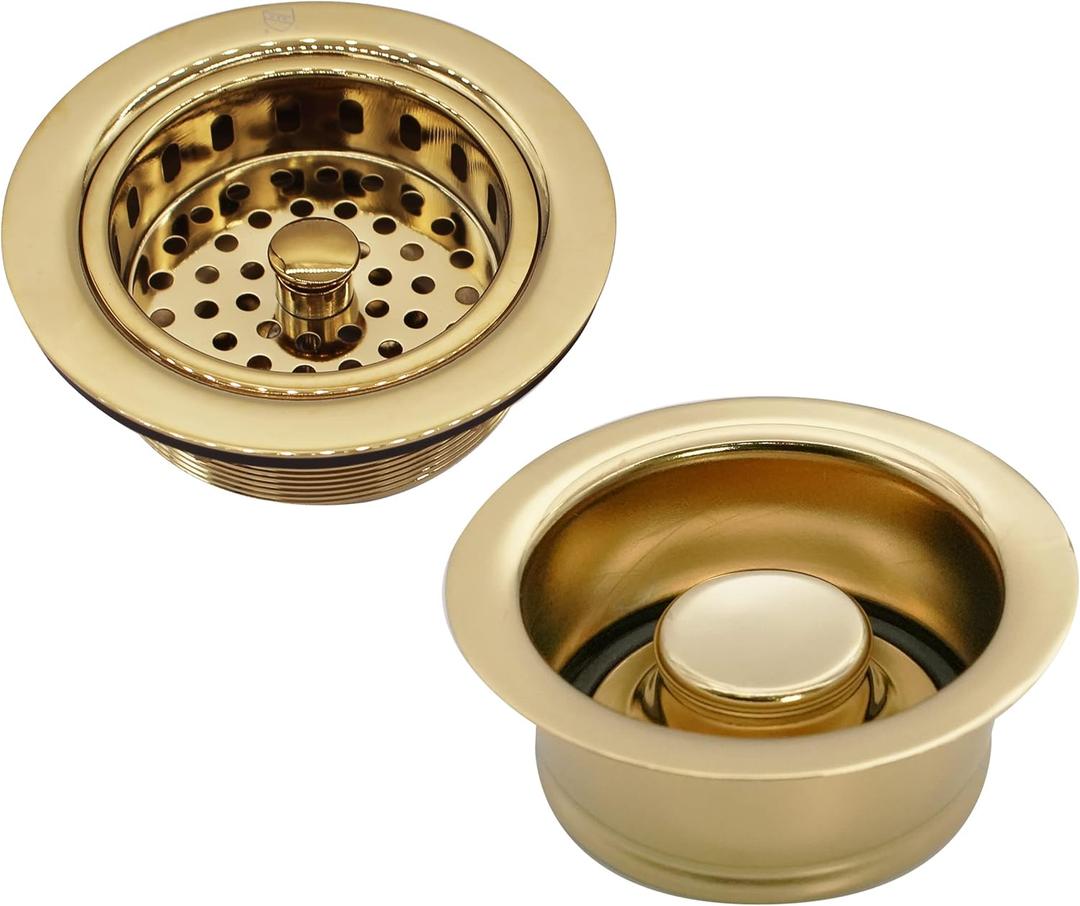 Westbrass A2165-01 4-1/4" OD Post Style Large Kitchen Basket Strainer with Waste Disposal Flange and Stopper Drain Set, Polished Brass