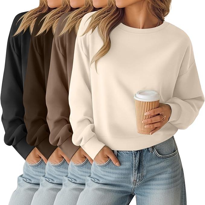 Oakgarden Sweatshirt for Women Soft Crewneck Long Sleeve Pullover Fall Winter Solid Casual Comfy Tops 4 PACK (XL, Black, Brown, Khaki, Cream)