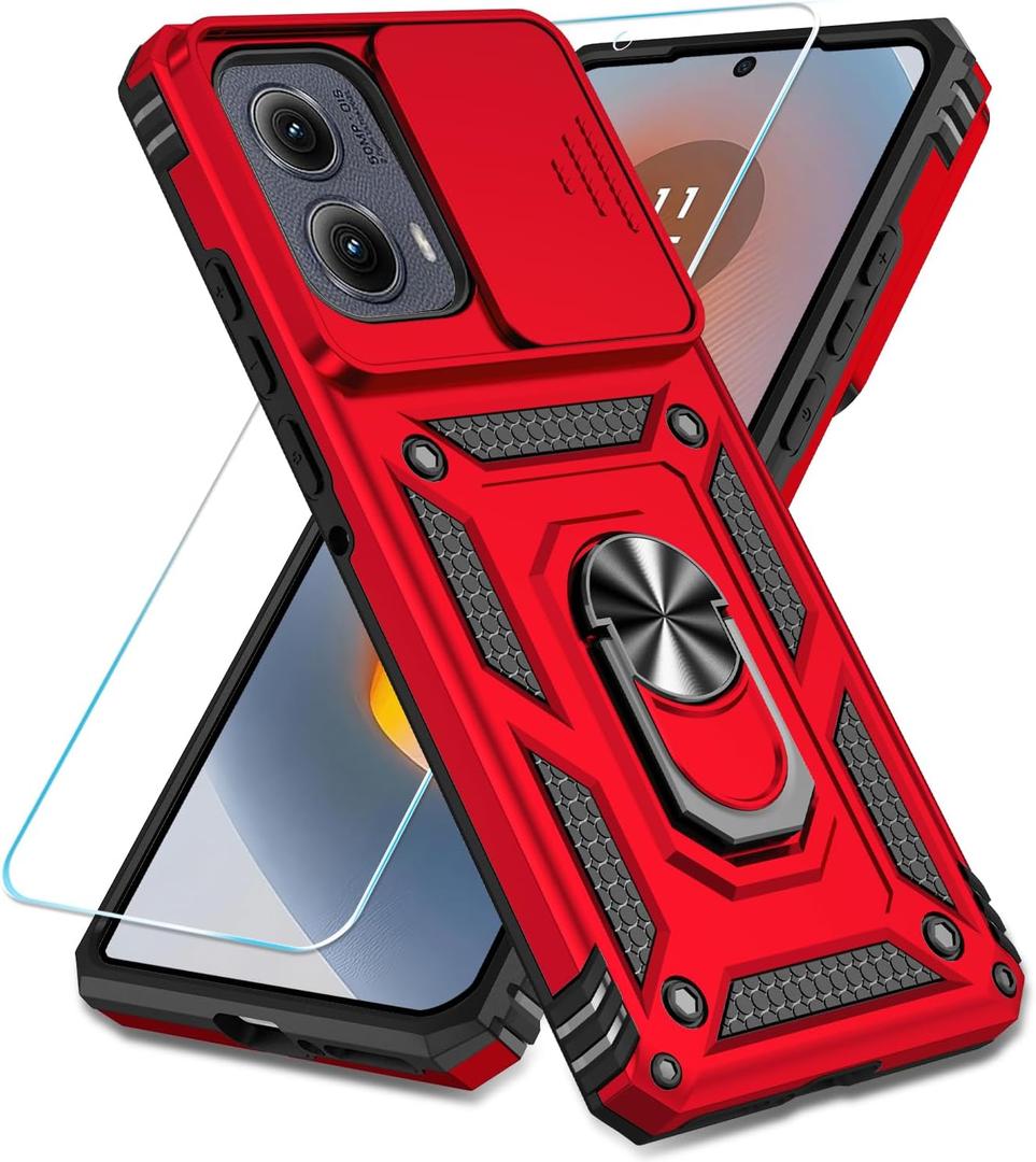 SunStory Phone Case for Motorola Moto Edge 2024 Case with HD Screen Protector & Slide Camera Cover & Rotated Ring Kickstand, [Military-Grade] Phone Case for Moto Edge 2024 (Red)