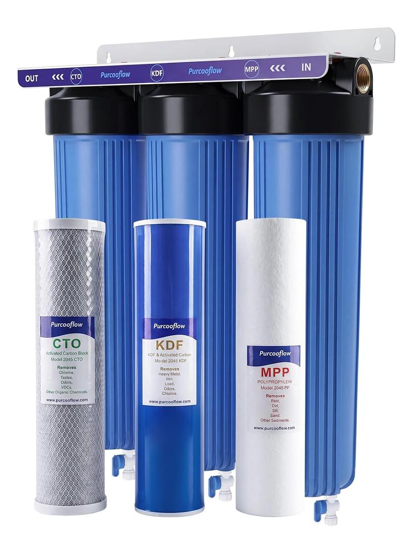 3-Stage Whole House Water Filter System, Heavy Metal (Iron, Manganess) Reduction, 20x4.5 Inch, Includes PP, KDF & CTO Carbon Block, 1" NPT Brass Ports, Drain Valves & Install Kit