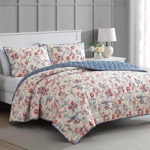 MARTHA STEWART Full Queen Size Quilt Bedding Set - 3 Piece, Soft Washed Microfiber, Printed Bedspread, Reversible, All Season, 1 Quilt, 2 Standard Pillow Shams, White, Blue & Red, Painted Floral Print (Nadine Painted Jacobean)