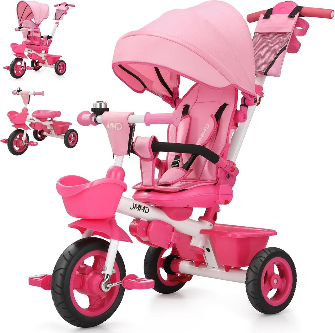 JMMD 7 in 1 Tricycle Stroller with Push Handle, Baby Trike with 360 Swivel Seat, Reclining Backrest, All-Terrain Wheels, Dual Brakes, Canopy & Storage, Gift for Kids 18 Months to 5 Years, Pink
