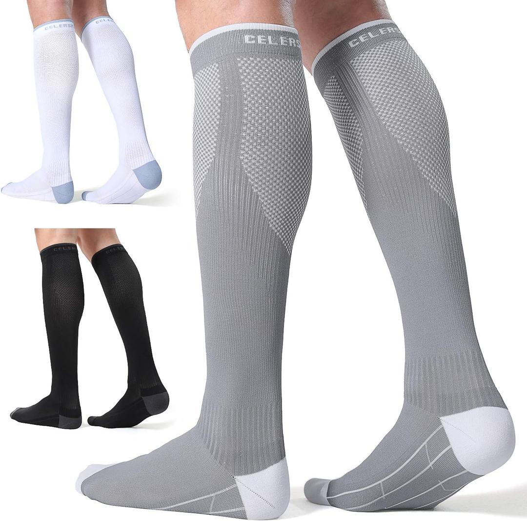 CelerSport 3 Pairs Compression Socks for Men and Women 20-30 mmHg Running Support Socks, Black + White + Grey, Small/ Medium