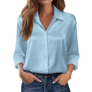 Zeagoo Womens Tops Long Sleeve Satin Silk Button Down Shirts Casual Business Dressy Blouses Fall Clothes (Small, Light Blue)