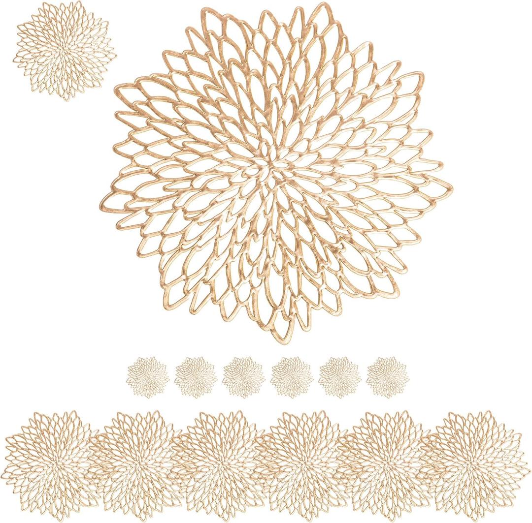 Defined Deco 6-Pack Gold Vinyl Placemats,15" Viny Table Mats, Round Leaf Design Table Chargers for Fall Dining Table Settings,Plates Chargers Round Dining Place Mats