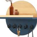 Blue Key Holder for Wall with Shelf - Wood Mail Organizer and Rack with Shelf Hooks Wall Mounted for Entryway Decor Magazines Letter Storage Farmhouse Living Room Bedroom Doorway