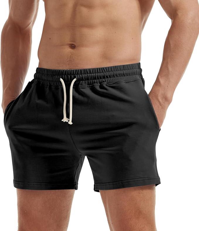AIMPACT Mens Workout Sweat Shorts 5 Inch Cotton Casual Fitness Mens Athletic Gym Shorts with Pockets (Medium, Black)
