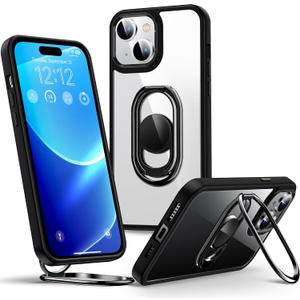 Shields Up for iPhone 15 Plus Case with Stand, Phone Case Clear with Double Ring Holder [Adjustable & Foldable] Shockproof Protective Cover for iPhone 15 Plus 6.7 inch - Clear Black