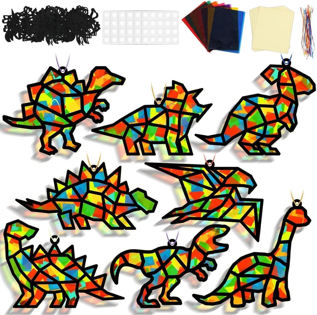 32Sets Dinosaur Suncatchers Crafts Kit DIY Dino Window Stained Glass Effect Paper Dinosaur Animal Home School Classroom Decoration Art Craft Creative Activity Project Kid Gift Favor