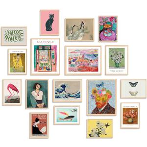 KBKBART Set of 17 Eclectic Wall Art Prints, Colorful Maximalist Wall Decor Canvas Boho Gallery Prints Collage, Vintage Famous Artists Painting Pictures Aesthetic Poster for Funky Room Decor, Eclectic Home Decor for Bedroom Dorm - Unframed