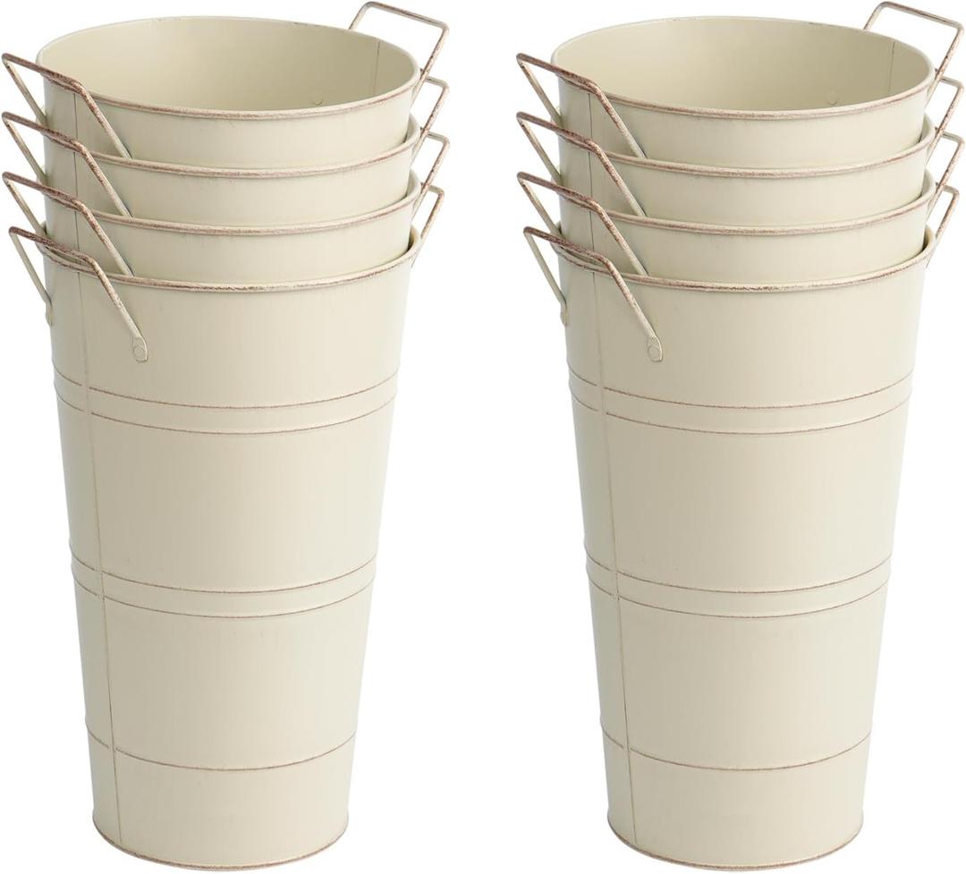 Notakia 12 Inch Large Galvanized Metal Vases Farmhouse French Flower Bucket Vases for Cut Flowers for Home Decor and Wedding Table Centerpiece Decorations (Large Beige 8Pcs)